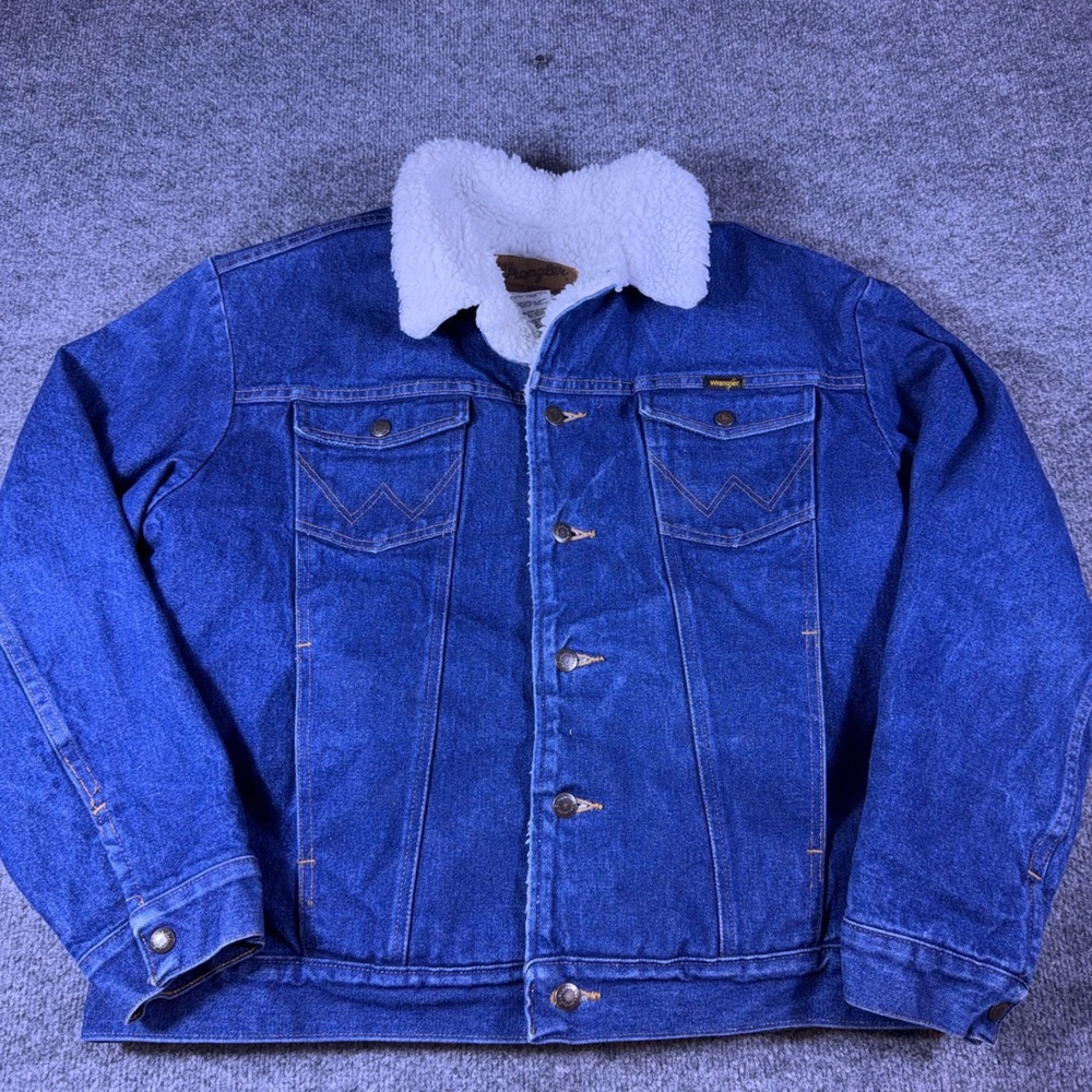 Vintage Wrangler Authentic Western Denim Jacket Blue Sherpa Lined Trucker Mens L
